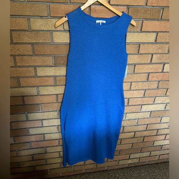 NWT STITCHDROP Sleeveless Frayed Front Midi Sweater Dress in Vivid Blue Size M - Picture 1 of 5